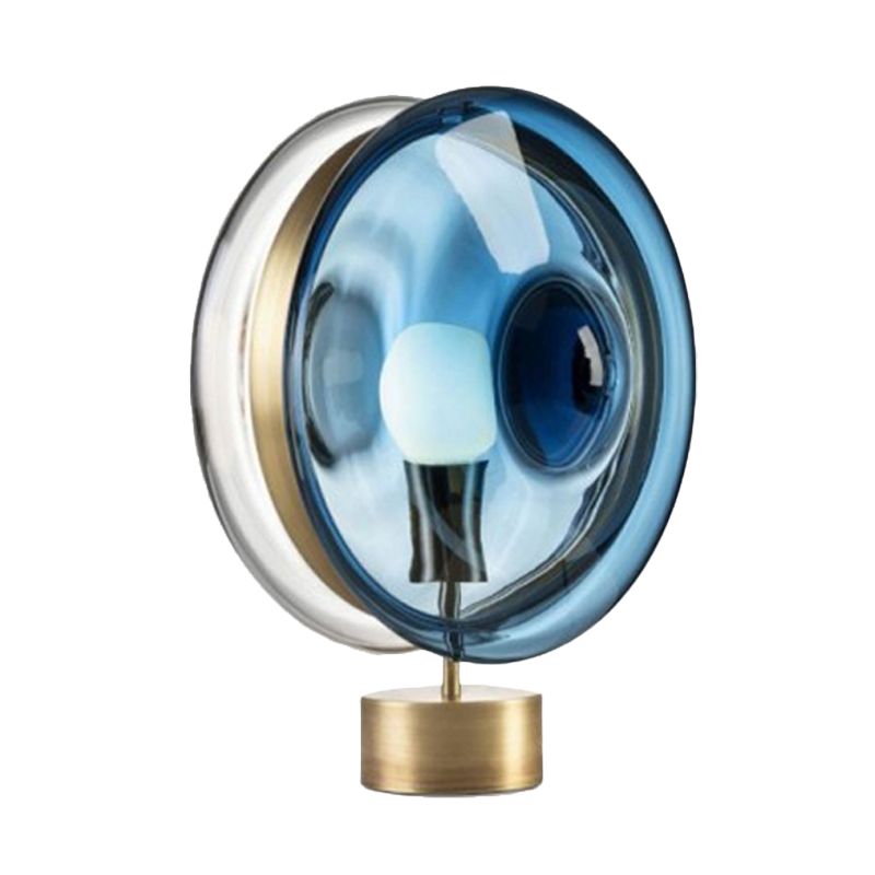 Round Night Table Light Modernism Blue/Clear Glass Single Bulb Bedside Nightstand Lamp in Gold