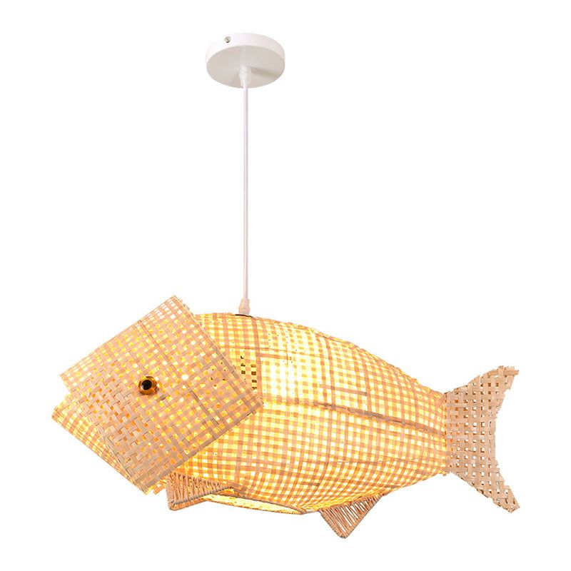 Fish Shaped Restaurant Hanging Light Bamboo 1 Head Asian Ceiling Pendant in Wood