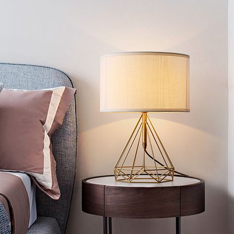 Diamond Cage Table Light Minimalist Metallic 1 Head Bedside White Fabric Desk Lamp in Gold