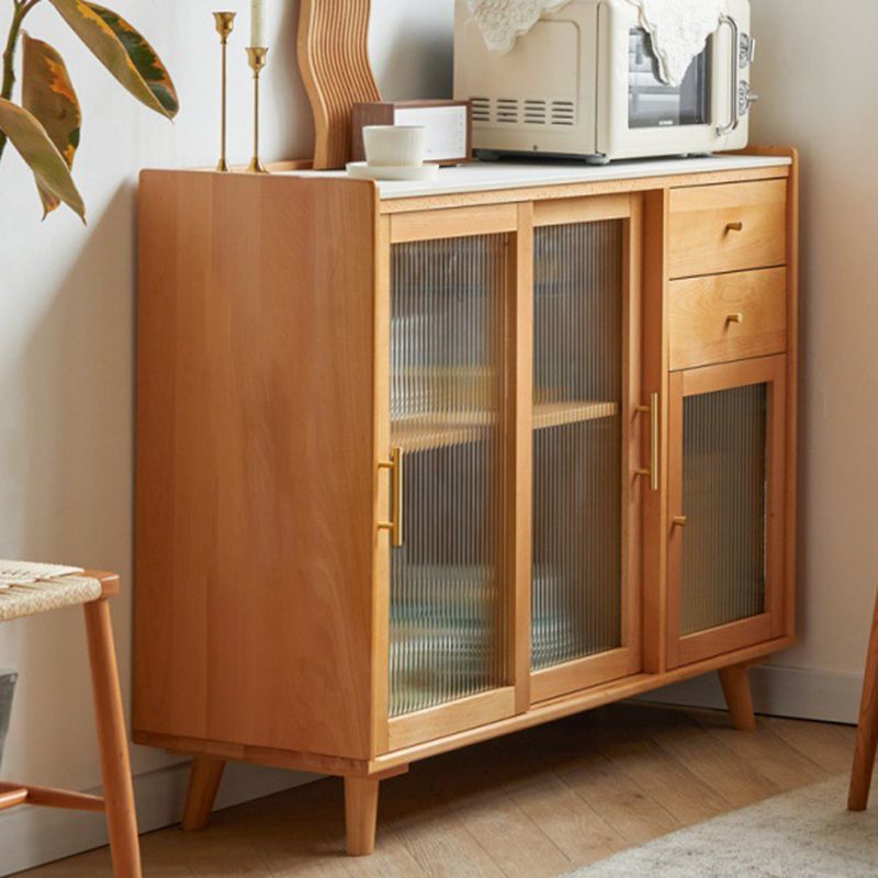 Scandinavian Display Stand Beech Glass Doors Buffet Cabinet with Doors for Living Room