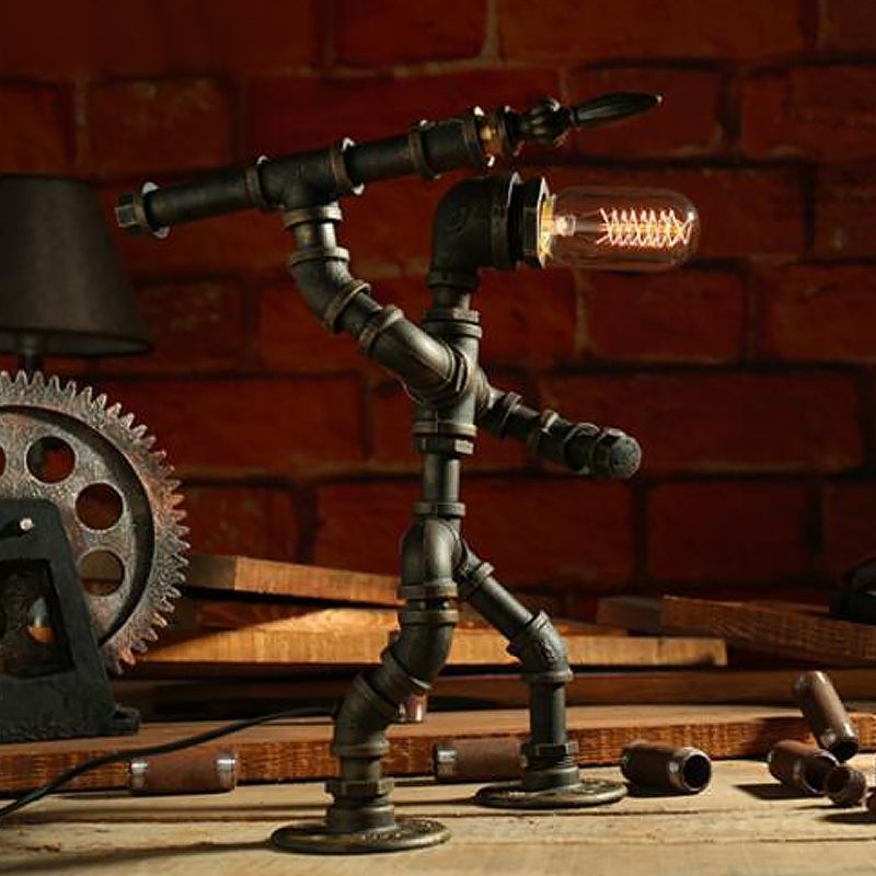 Iron Pipe Robot Night Table Light Cyberpunk Single-Bulb Boys Room Nightstand Lamp in Brass/Copper