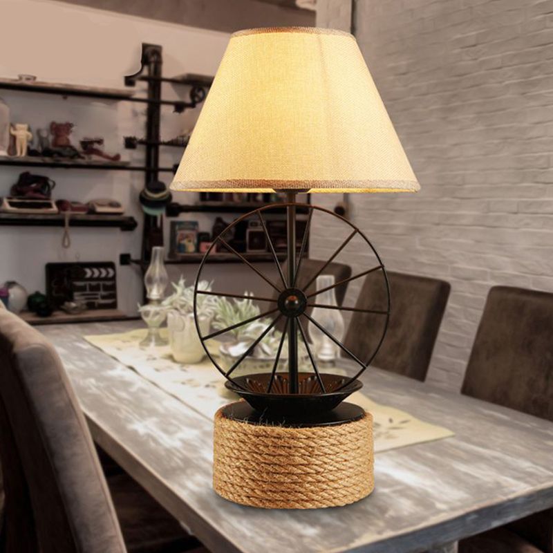 Fabric Conic Desk Lighting Factory Style 1 Light Dining Room Rope Table Lamp in Black with Wheel Deco