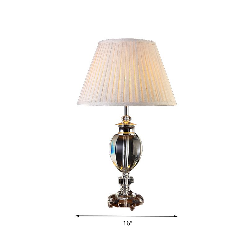 1 Light Fabric Nightstand Light Countryside Beige Pleated Lampshade Bedroom Table Lamp with Crystal Base