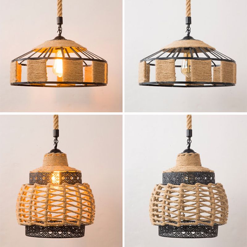 1-Bulb Pendant Lamp Countryside Cage Rope Suspension Light Fixture in Beige