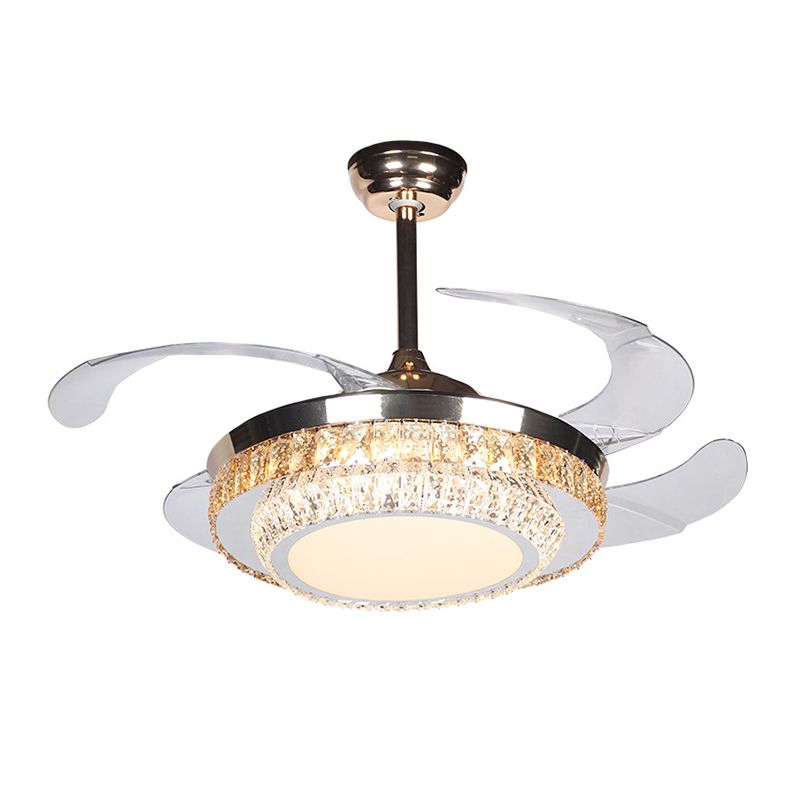 42" Wide LED Semi Flush Contemporary Round Rectangular-Cut Crystals 4 Blades Pendant Fan Lamp in Silver