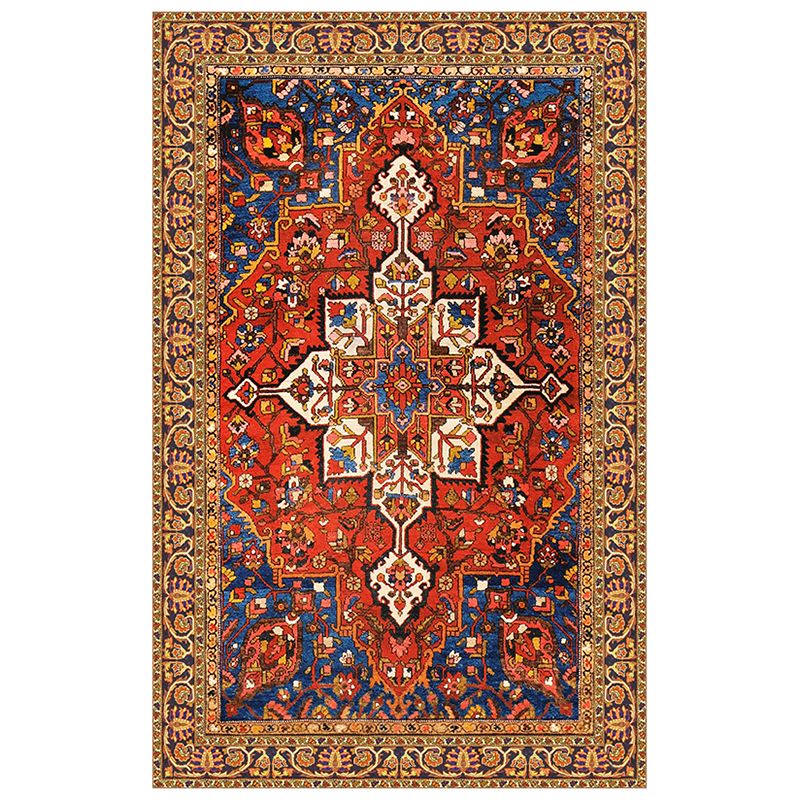 Moroccan Symmetrical Printed Rug Red Tone Polyester Area Carpet Non-Slip Backing Rug for Living Room