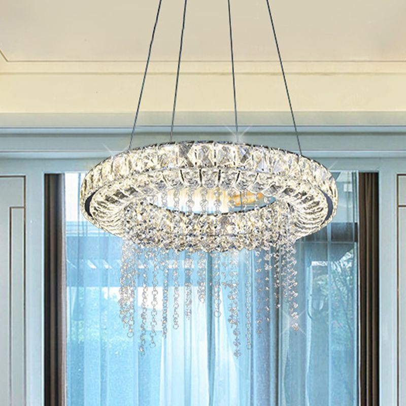 Minimalist Hoop Chandelier Pendant Clear Crystal LED Suspension Light with Fringe