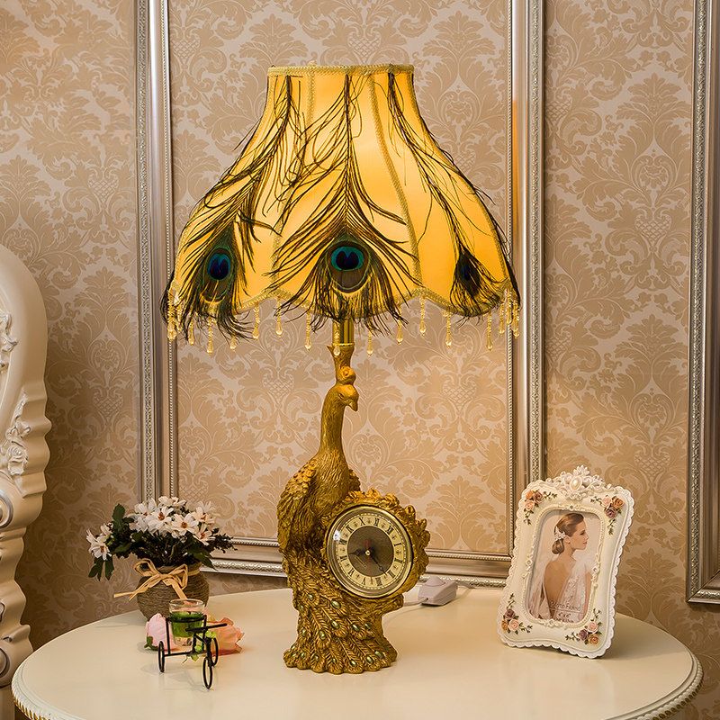 Classic Scalloped Table Light 1 Light Fabric Task Lighting in Brown/Gold for Bedroom with Peacock and Clock