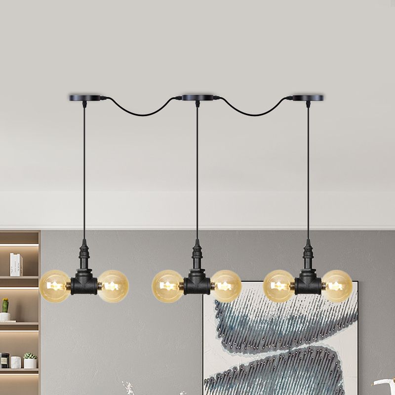 Black 6/10/14 Heads Multi Light Pendant Vintage Amber Glass Ball Tandem LED Suspension Lamp