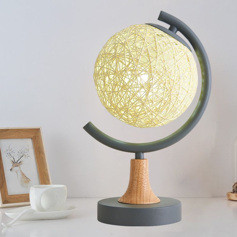 Metallic Globe Nightstand Light Asia Style 1 Light Table Lamp in White/Grey/Green with Rattan Shade