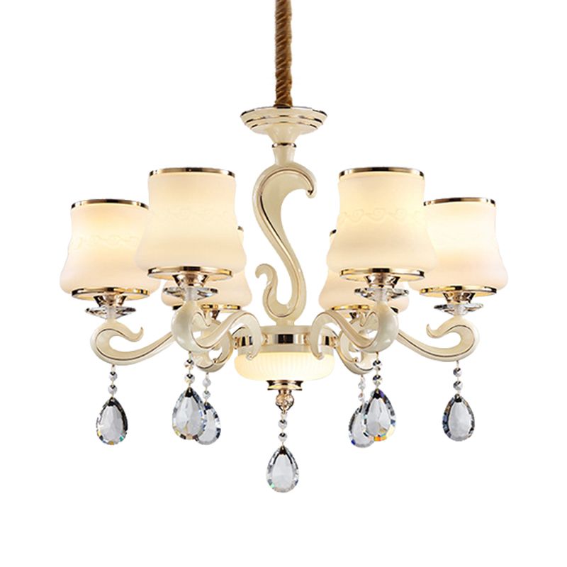 Beige 6-Light Ceiling Lamp Minimalist Cream Glass Bell Crystal Chandelier Pendant Light