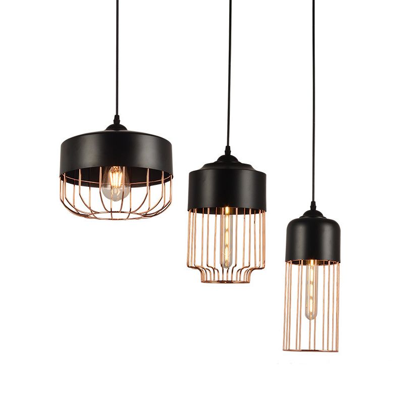 Iron Geometrical Cage Pendant Light Antique 1-Light Dining Room Hanging Light Fixture in Black