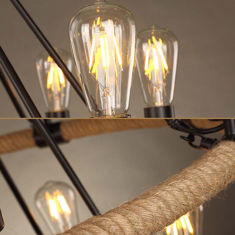 Vintage Industrial Style Round Chandelier Hemp Rope Open Bulb Design Restaurants Suspension Lighting Fixture