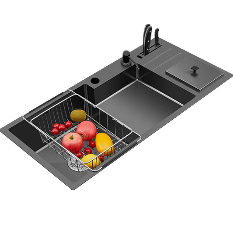 Black Stainless Steel Kitchen Sink 2 Holes Sink with Basket Strainer