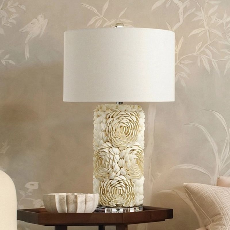 1 Bulb Floral Pillar Table Light Minimalistic White Shell Night Lamp with Drum Fabric Lamp Shade