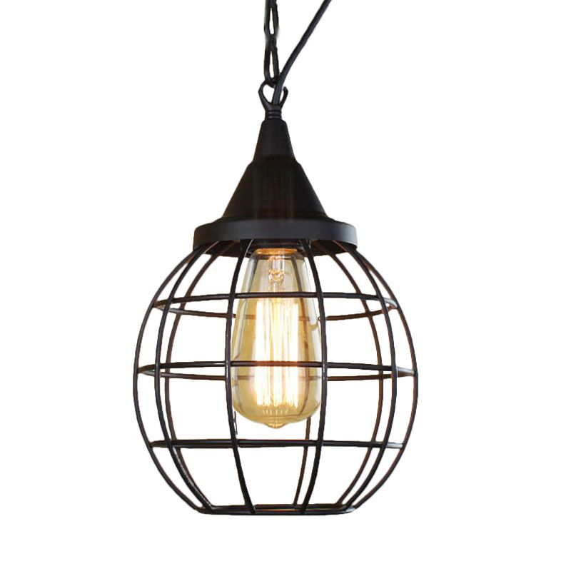 Metal Cage Pendant Light Farmhouse Style 6"/7" Wide 1 Head Balcony Ceiling Fixture with Globe Shade in Black