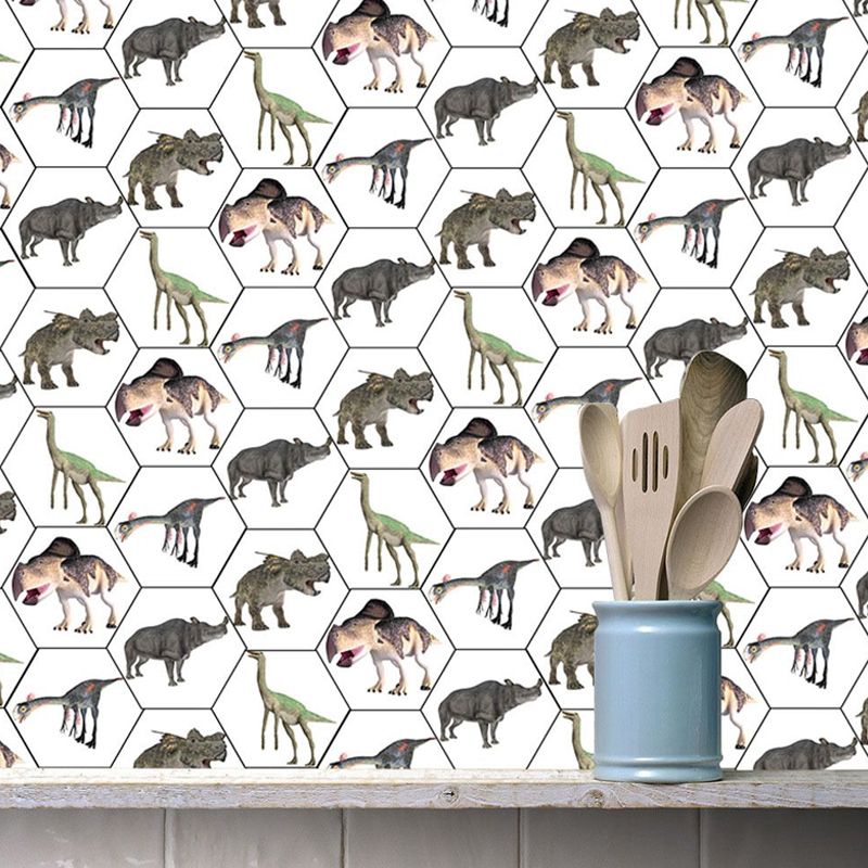 Kids Animal Print Wallpaper Panels Grey-White Dinosaur and Rhino Adhesive Wall Covering