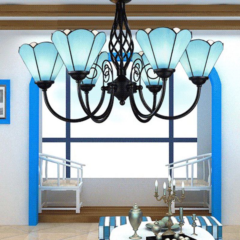 Blue Glass Floral Chandelier Light Mediterranean Black Ceiling Suspension Lamp for Living Room