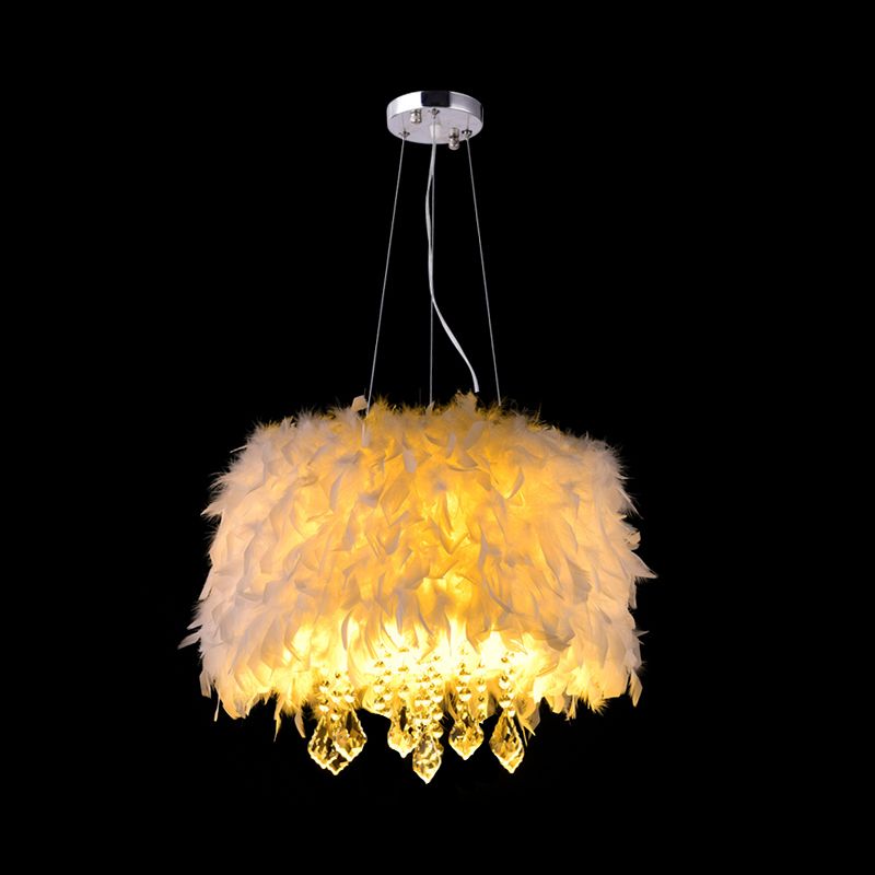 White Drum Pendant Chandelier Modern 5/6/9-Light Feather Hanging Lamp with Crystal Drop, 16"/19.5"/27.5" Wide