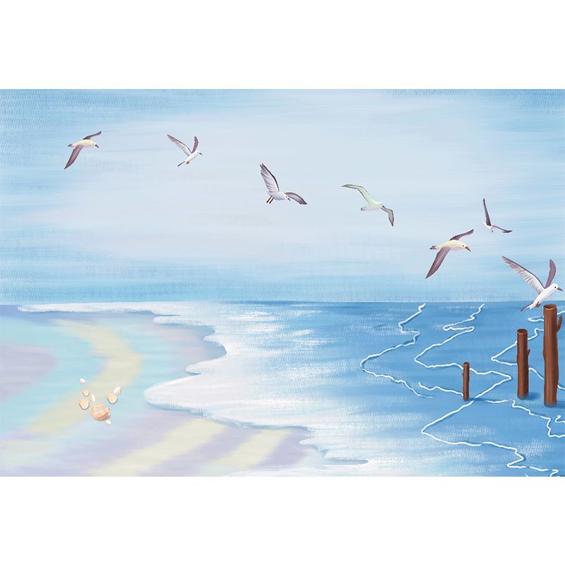 Blue Seashore and Gulls Mural Wallpaper Moisture Resistant Wall Covering for Accent Wall