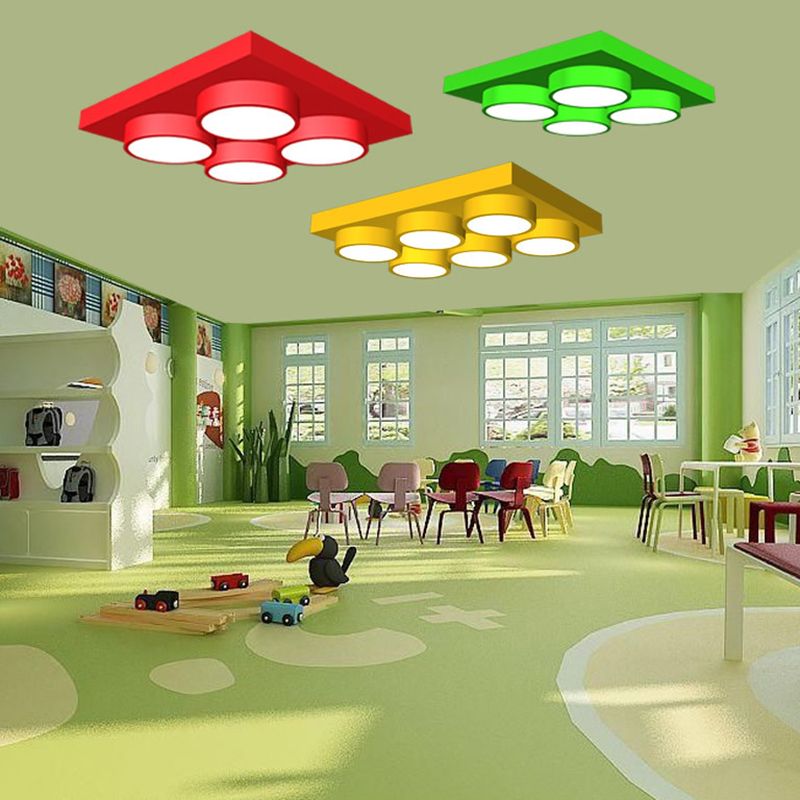 Kids Building Block Flush Mount Fixture Metal 16"/19.5"/23.5" W LED Nursery Ceiling Lamp in Red/Green, White Light