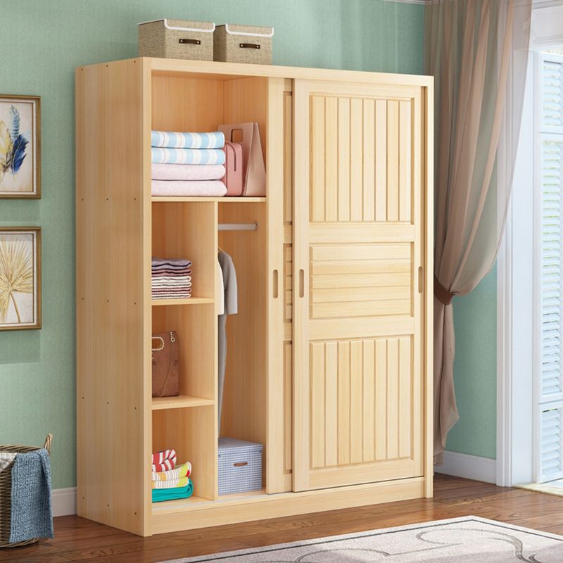 Solid Wood Kid's Wardrobe Shelved Wardrobe Closet with Sliding Barn Door