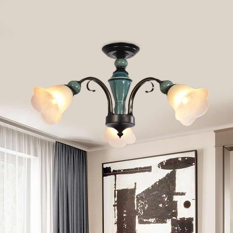 Petal Living Room Semi Flush Mount Light Rural Style 3/5/6 Lights Black Finish Ceiling Lighting with Swooping Arm