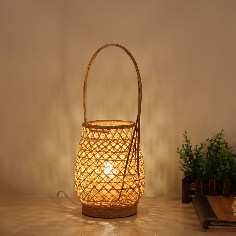 Bamboo Lantern Task Lighting Chinese 1 Head Flaxen Small Desk Lamp with Curved Arm