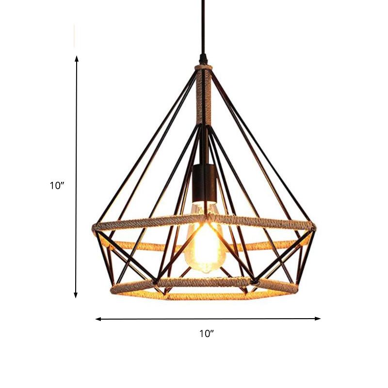 Black Diamond Pendant Ceiling Vintage Metal and Rope 1 Light Coffee Shop Hanging Lamp with Cage