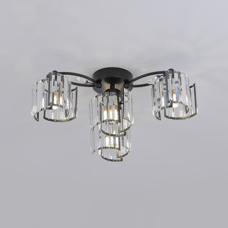 Black 4/6-Light Semi Mount Lighting Contemporary Clear Crystal Block Sputnik Flush Light Fixture