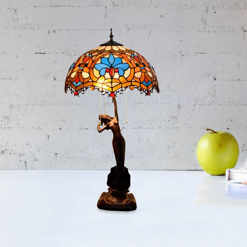 Resin Coffee Pull-Chain Night Stand Light Lady Statue 3-Light Tiffany Table Lamp with Parrot Blue-Brown/Trellis Yellow-White Glass Shade