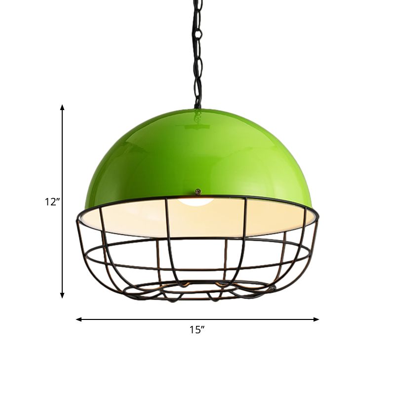 Warehouse Dome Drop Pendant 1 Head Iron Ceiling Lighting Fixture in Green with Cage for Dining Room