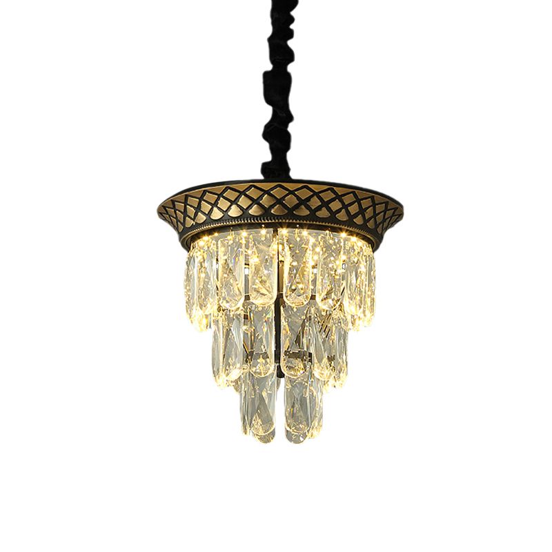 3 Tiers Crystal Rectangle Pendant Light Vintage Style Dining Room LED Hanging Lamp in Black/Gold