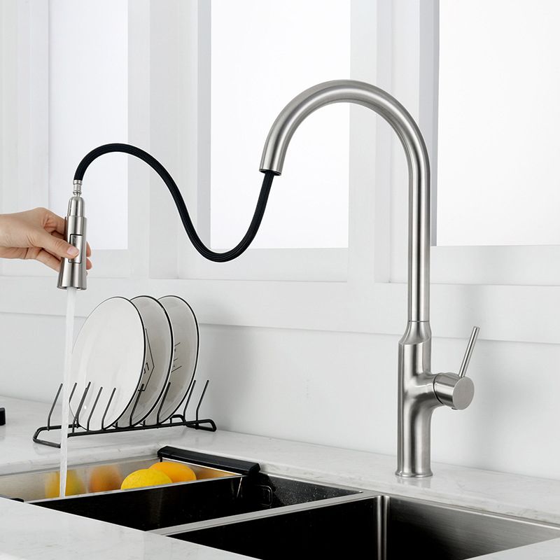 Contemporary Single Lever Kitchen Faucet 1-Hold Water Faucet with Pull out Sprayer