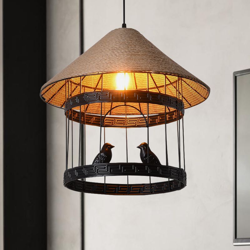 Metallic Black Hanging Lamp Bird Cage Single Bulb Antique Drop Pendant with Conical Rope Shade