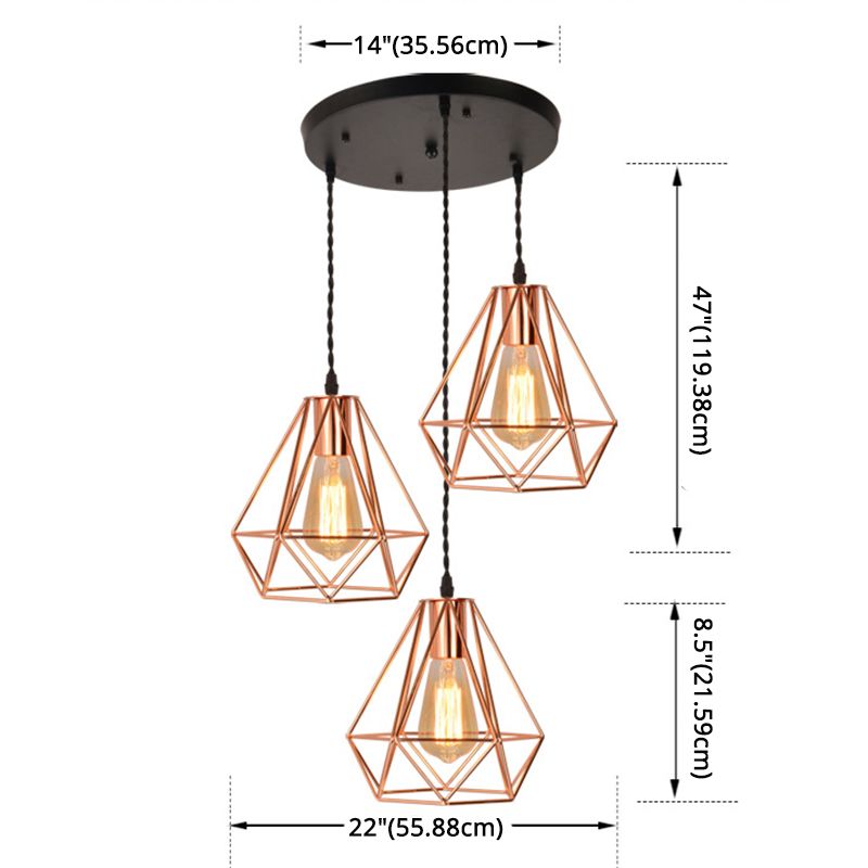 Diamond Iron Cluster Pendant Lighting Post-Modern Restaurant Hanging Lamp in Rose Gold