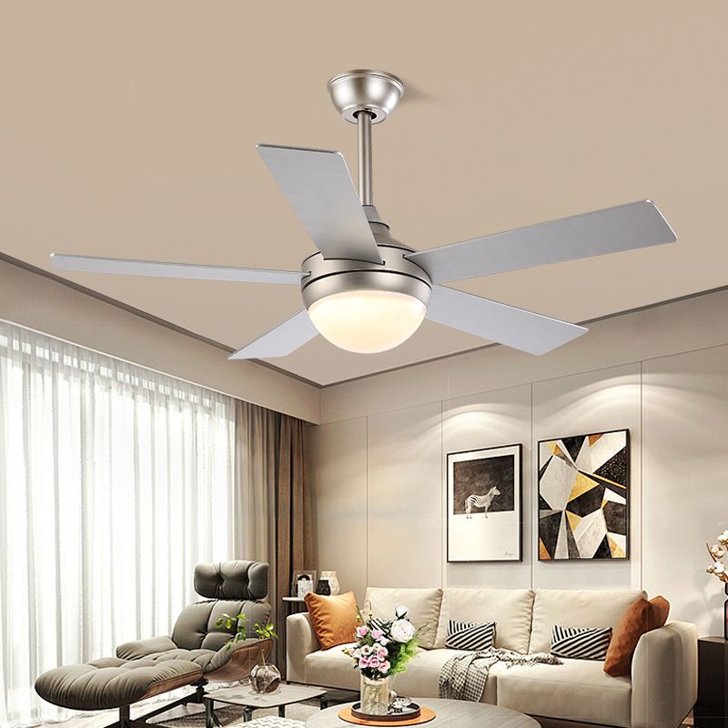 Modern Dome Semi Flush Lighting 48" Wide LED Metallic Ceiling Fan Lamp in Silver for Living Room with 5 Clear Blades