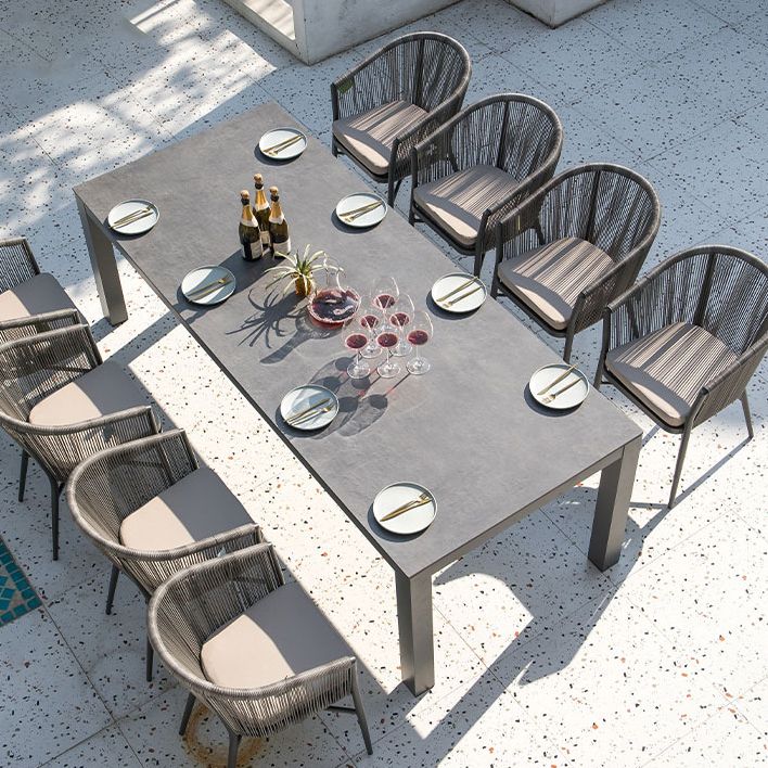 Industrial Rectangle Stone Top Patio Table Outdoor Rust Resistant Dining Table