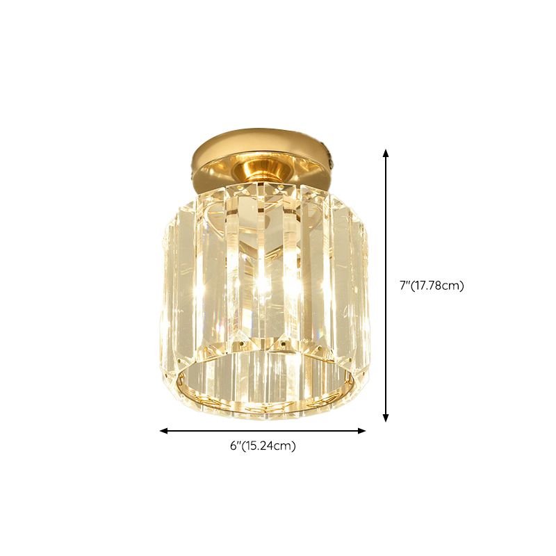 1-Light Crystal Flush Cylinder Shade in Gold and Clear Ceiling Flush