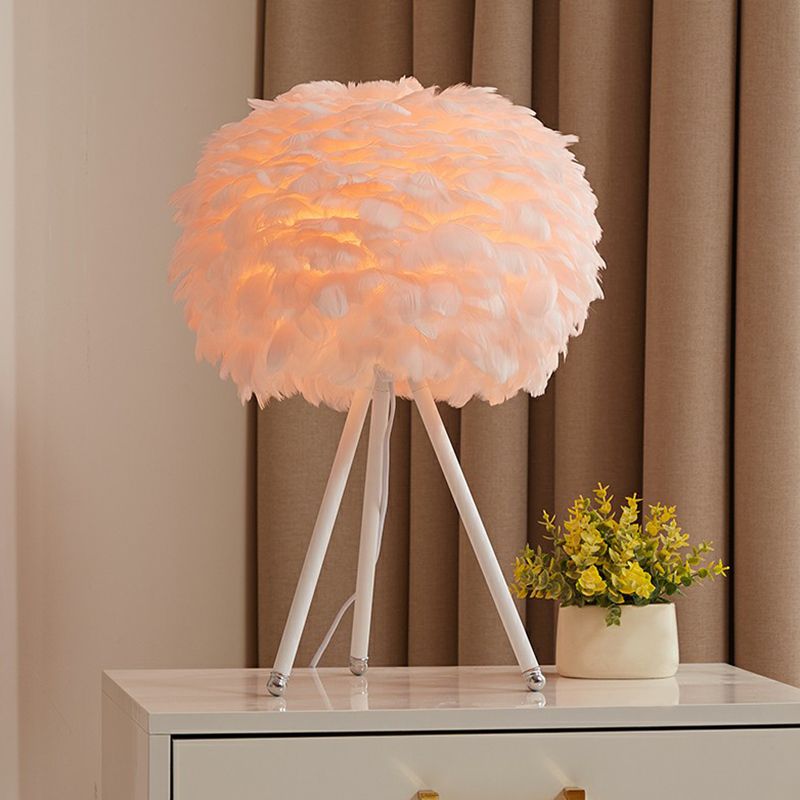 Tripod Girls Bedroom Table Lamp Metallic Single-Bulb Contemporary Nightstand Lighting with Feather Shade