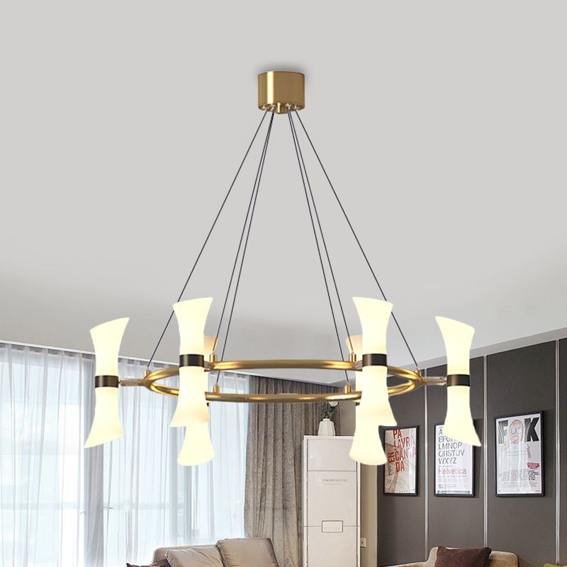 Modern 6 Heads Hanging Chandelier Gold Flared Ceiling Suspension Lamp with Frosted Glass Shade