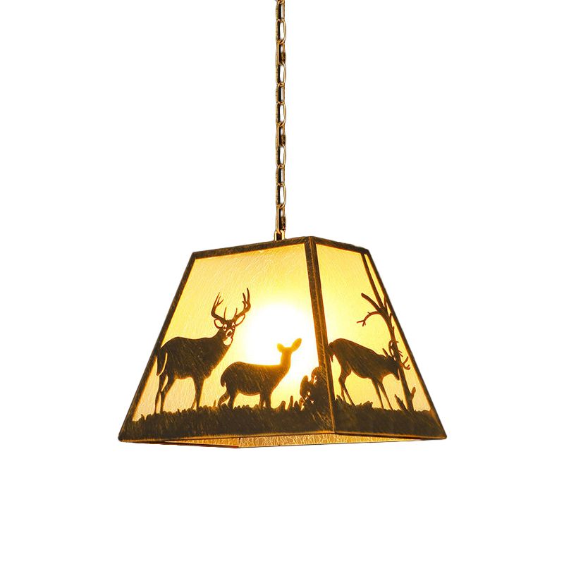 Rustic Trapezoid Pendant Lamp 1 Light Metal Hanging Light Fixture in Brown for Restaurant with Elk Pattern