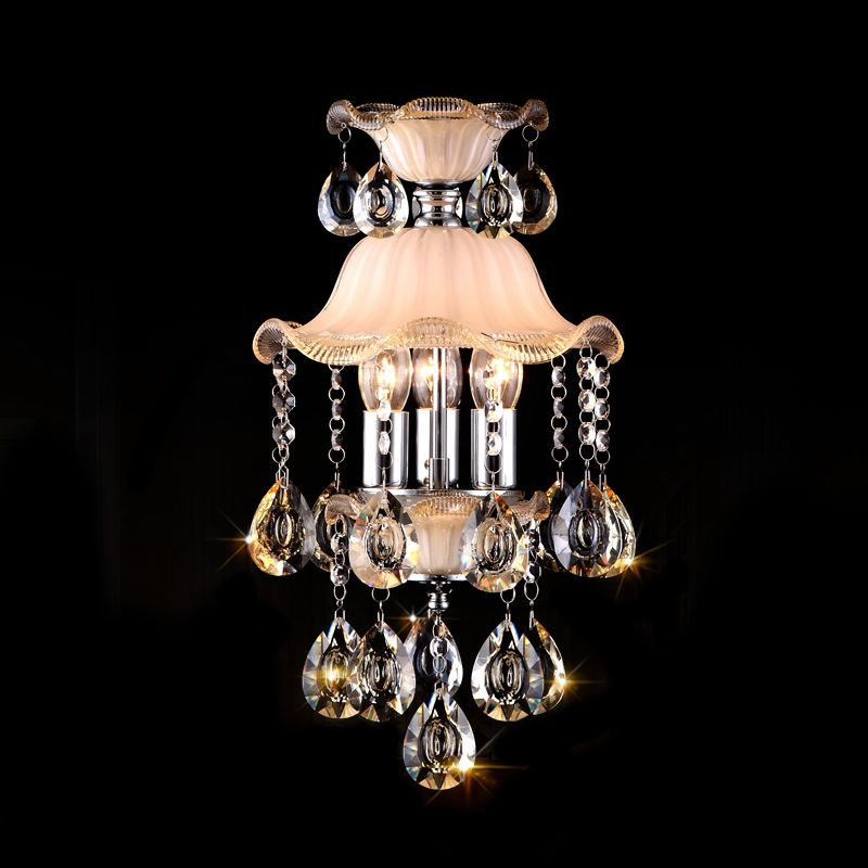 3 Lights Ruffled Edge Hanging Lamp Modern Frosted Glass Ceiling Chandelier Light with Clear Crystal Deco in Champagne