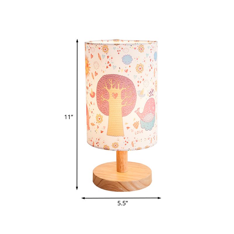 Wood Cylinder Night Table Lamp Kids 1 Head Fabric Nightstand Light with Tree and Flower Pattern