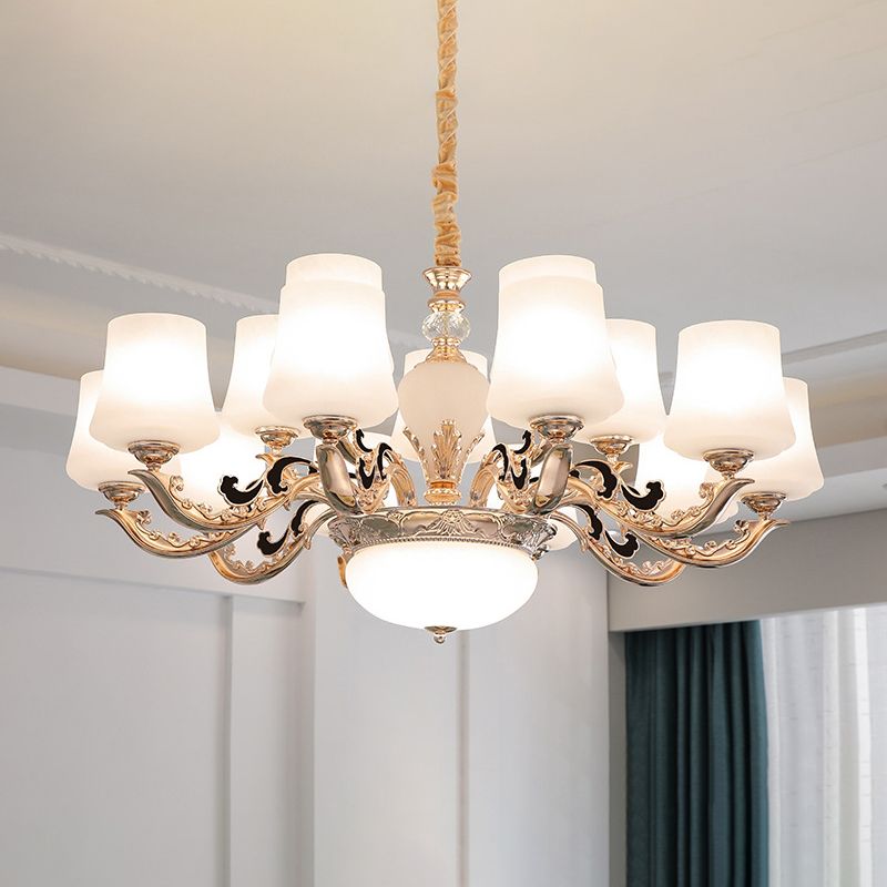 Retro Tapered Shade Chandelier Light White Glass Pendant Light Fixture for Living Room