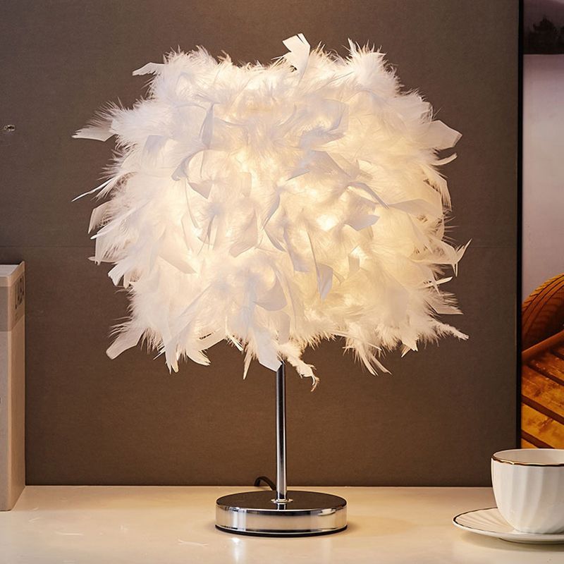 White Cylindrical Night Table Light Simplicity Single Bulb Feather Nightstand Lamp