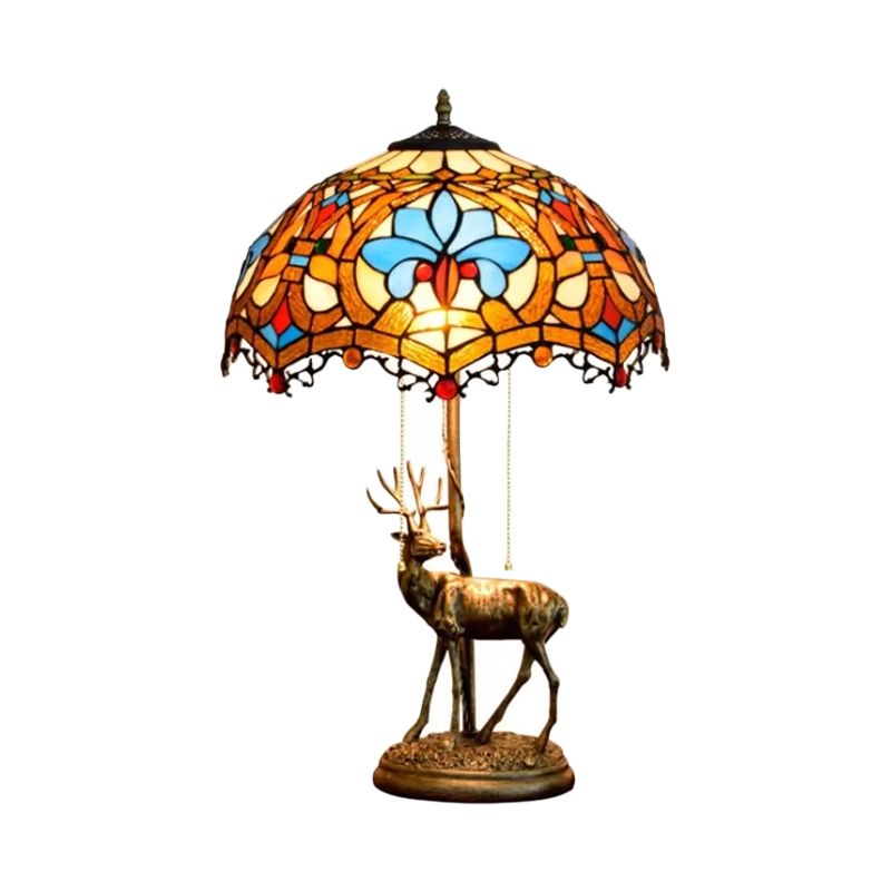 Wave-Edge Crisscross Shade Table Light 2-Head Yellow-White/Blue-Brown Tiffany Pull-Chain Night Lamp with Deer Base