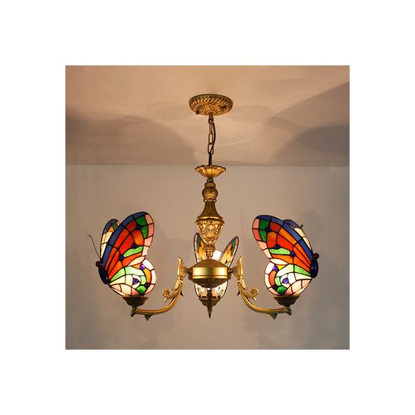 3 Lights Butterfly Hanging Light Loft Style Stained Glass Ceiling Chandelier with Chain in White/Red/Blue/Orange-Green