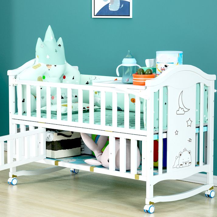 Solid Wood Convertible Crib Scandinavian White Crib with Storage