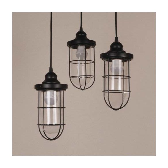 2/3 Bulbs Caged Multiple Lamp Pendant Industrial Black Clear Glass Hanging Light Kit, Linear/Round Canopy